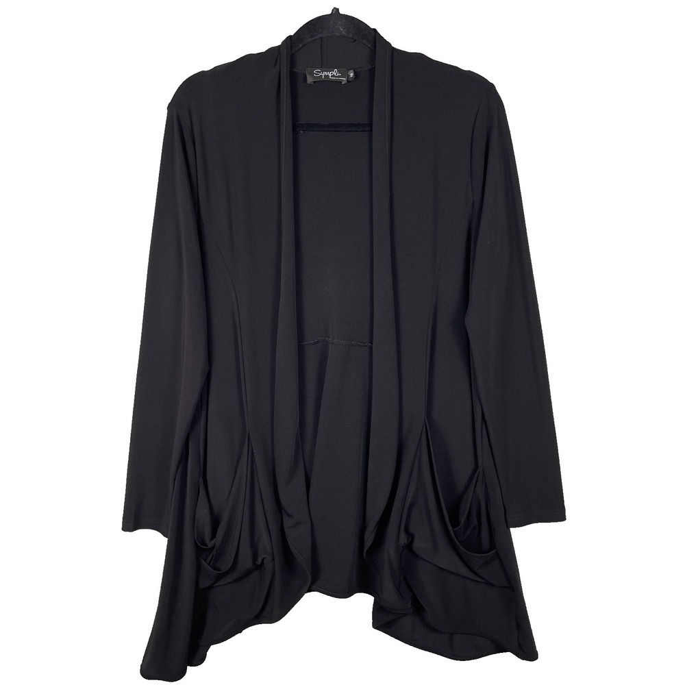 Sympli Draped Open Cardigan Womens 10 Black Stretch Long Sleeve Closet Staple